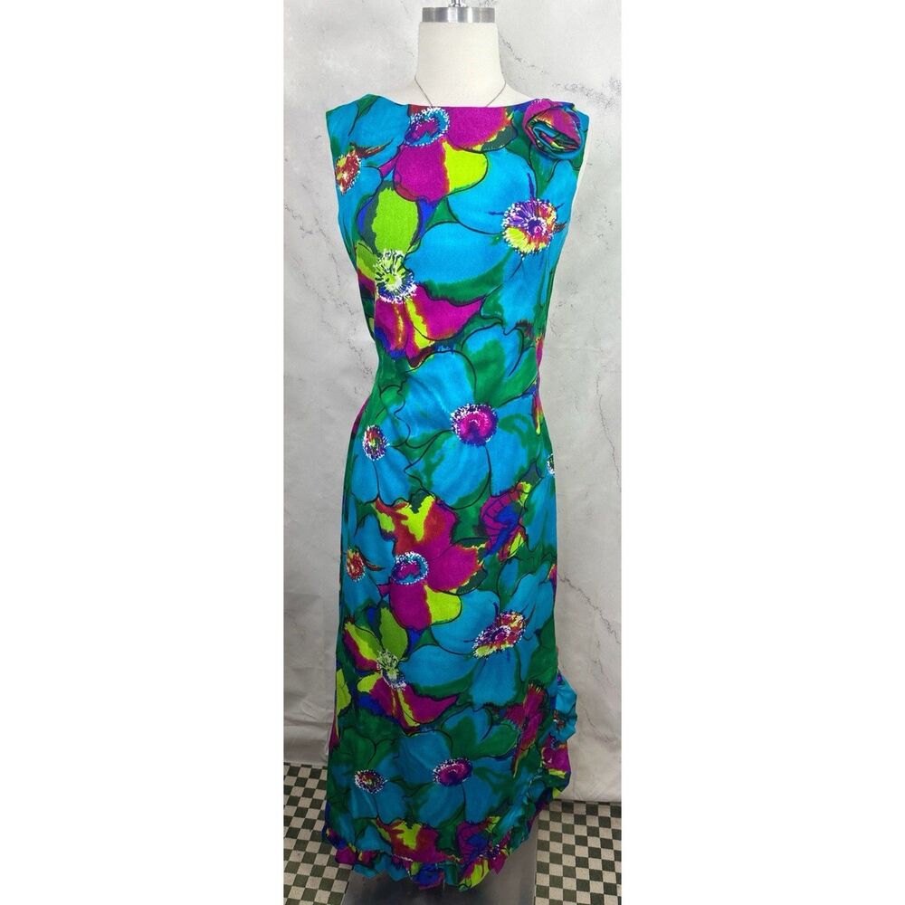 Vintage 60s 70s Hawaiian Barkcloth Maxi Dress  Psychedelic Flower Power MCM S